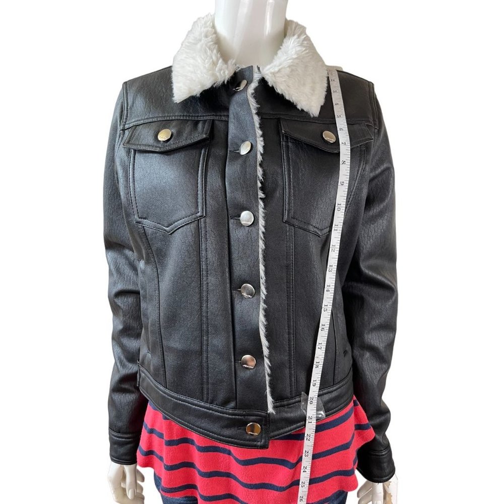 Jou Jou Womens Sherpa Leather Jacket Faux Fur Collar Front Button Black SZ Large - Picture 4 of 7